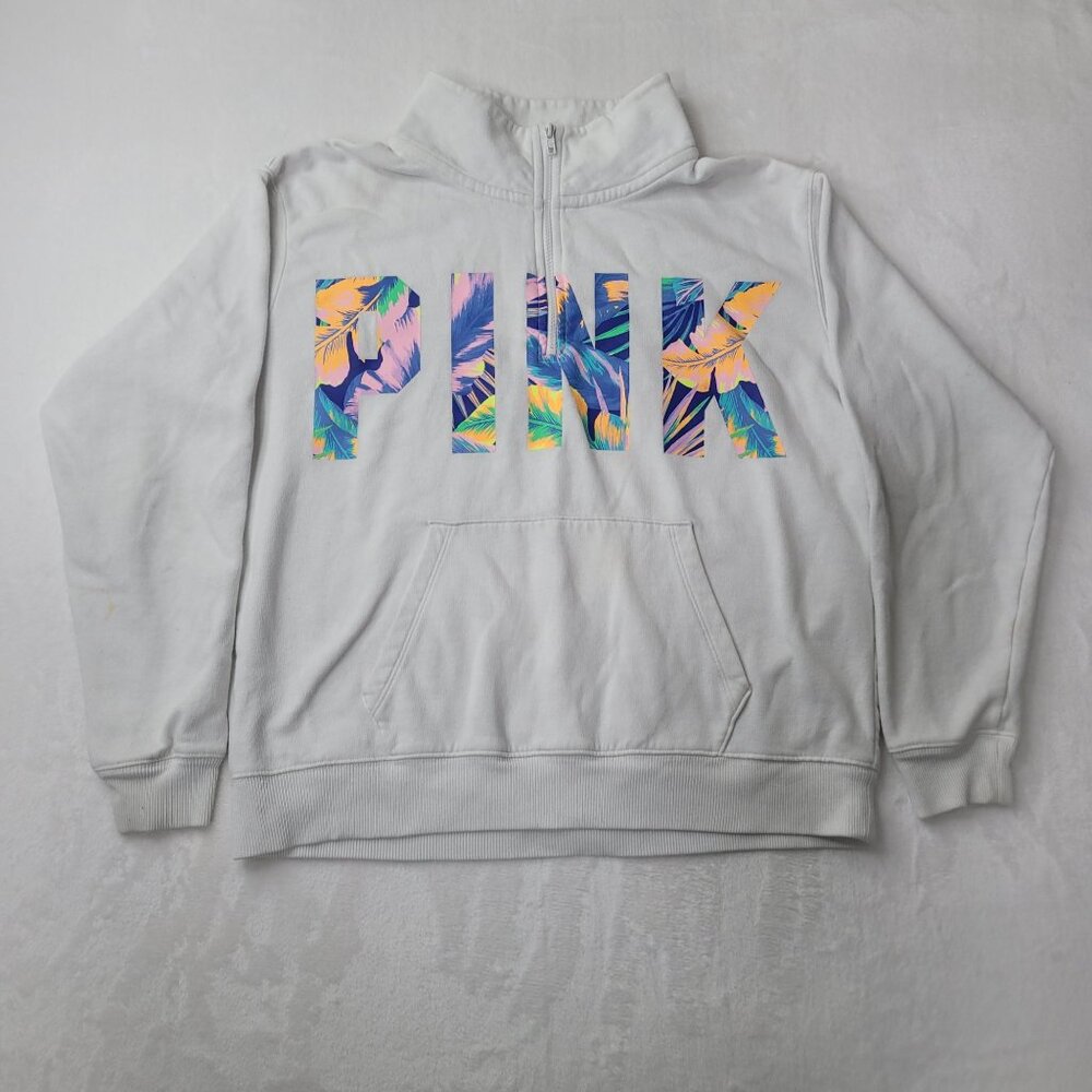 Pink Victoria's Secret Women's Tropical Logo 1/4 Zip Pullover Sweatshirt Size M